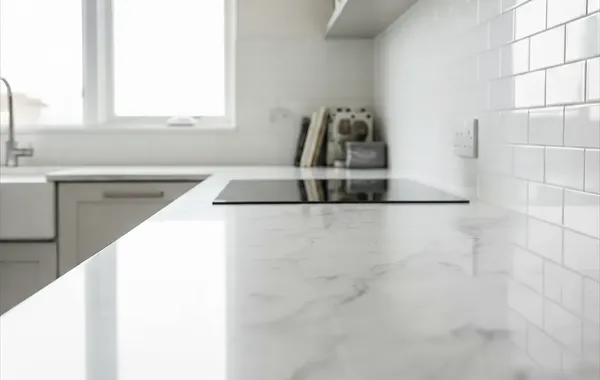 Modern white kitchen with marble countertop and subway tile backsplash