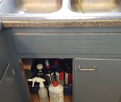 Sink cabinet with cleaning supplies and spray bottles.