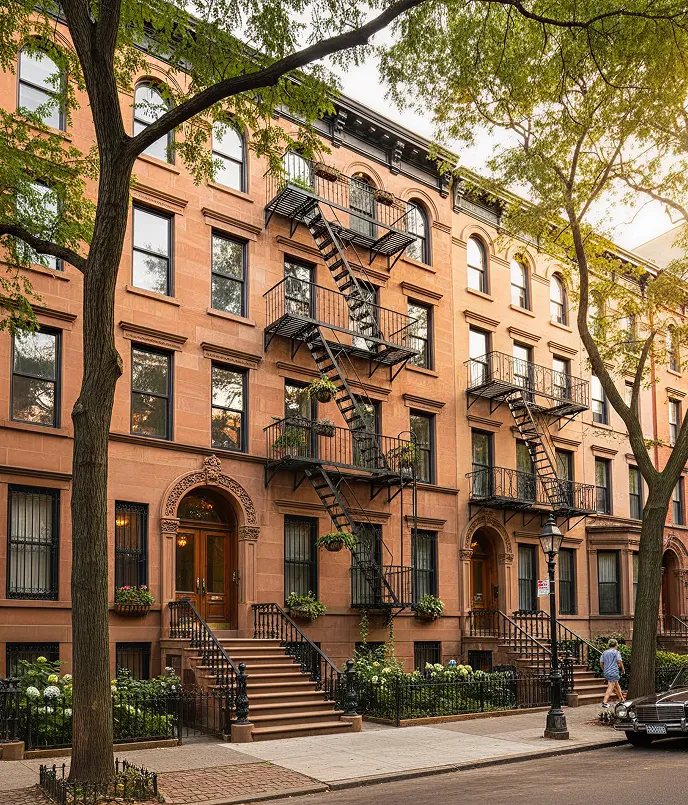 Brownstone buildings with fire escapes and trees lining the sidewalk