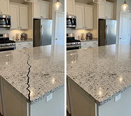 Before and after of a cracked granite countertop repaired