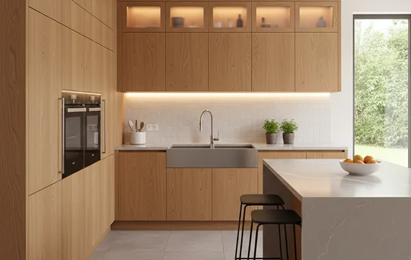 Modern kitchen with light wood cabinets, double ovens, and a large island.