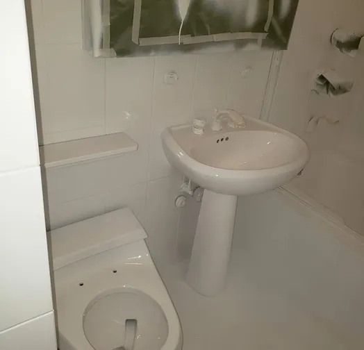 Bathroom renovation in progress with toilet and sink visible.