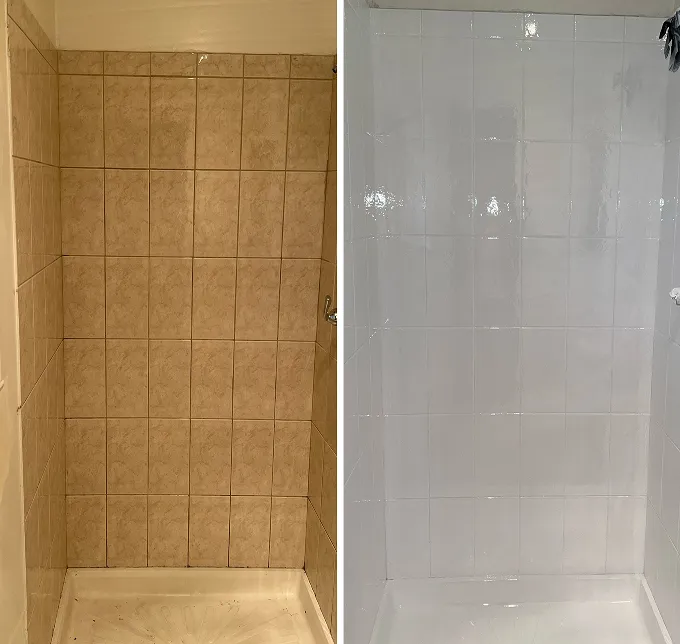 Before and after of a shower stall, showing tan tiles on the left and white tiles on the right.