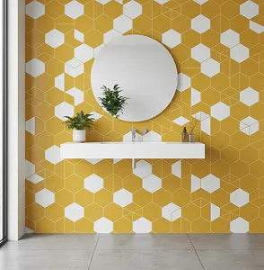 Modern yellow and white hexagon bathroom tile installation in Bronx