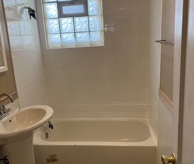 Bathroom with sink, bathtub, and frosted glass window.