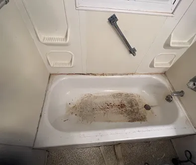 Dirty bathtub with soap scum and grime