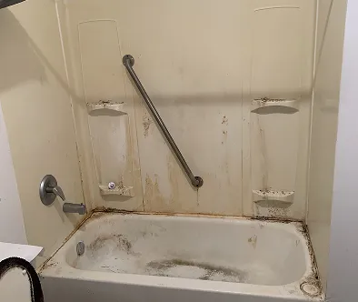 Dirty bathtub with grab bar and shower controls