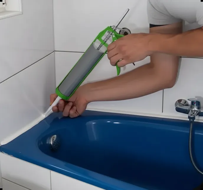 Person applying sealant to a bathtub edge.