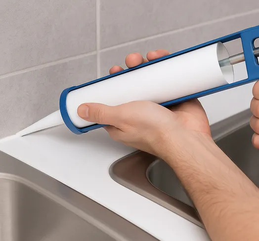 Applying sealant around a kitchen sink with a caulking gun