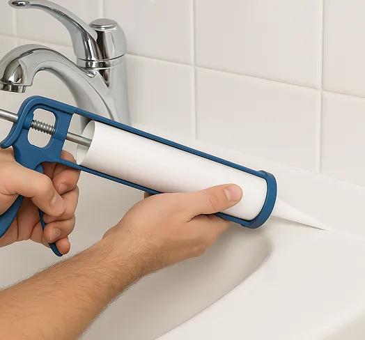 Hands applying sealant from a caulk gun to a sink edge.